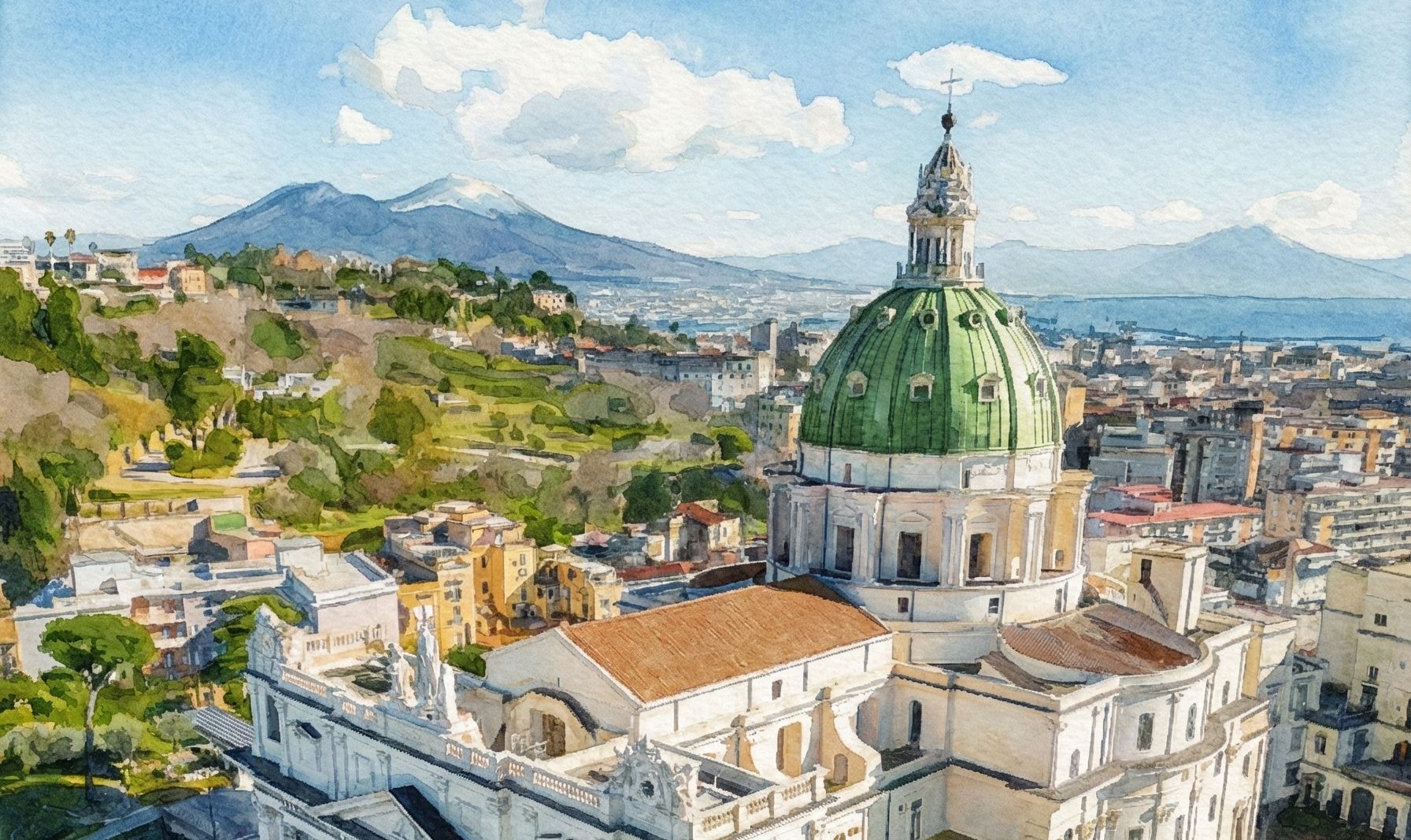 Acquerello della Basilica di Capodimonte vista dall'alto, con il Vesuvio sullo sfondo