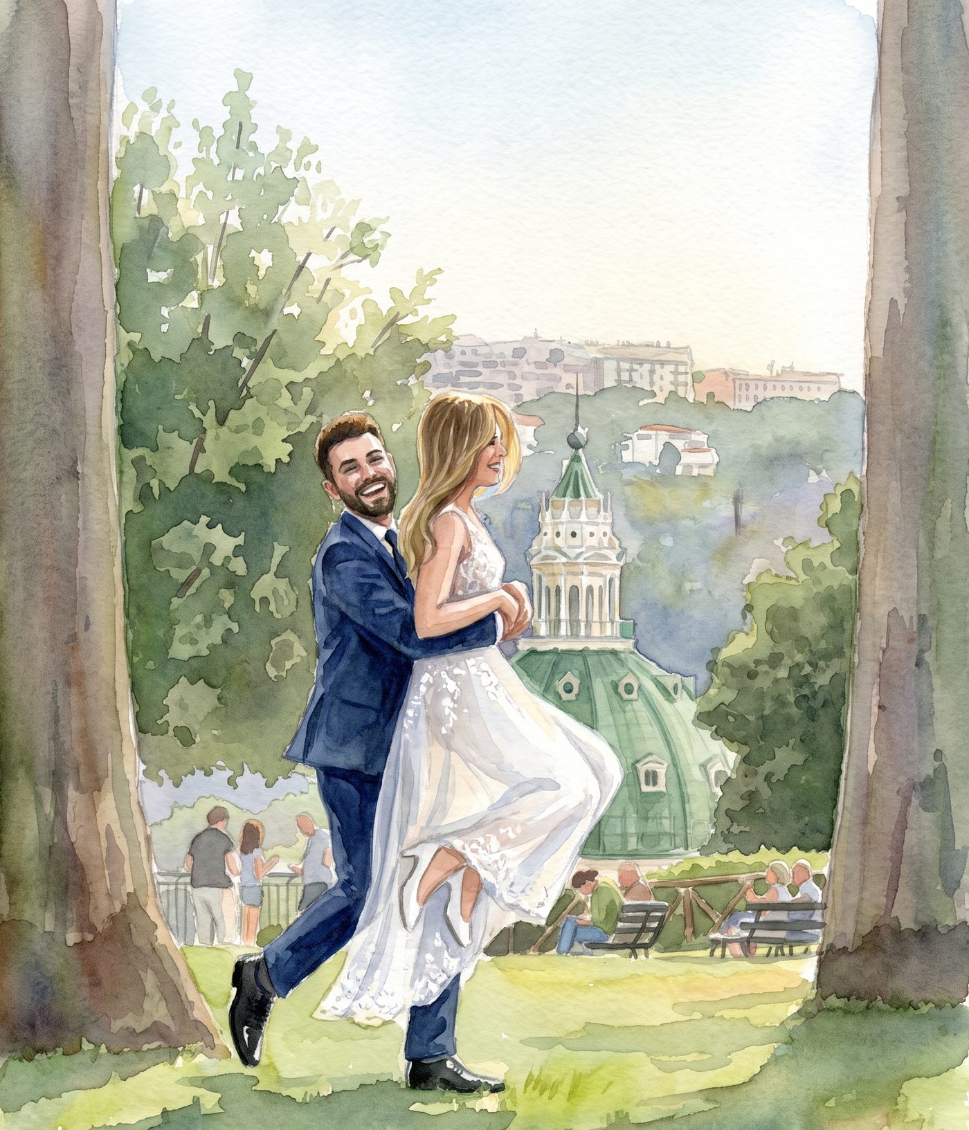 Acquerello degli sposi che ballano nel parco, con la cupola della Basilica di Capodimonte sullo sfondo