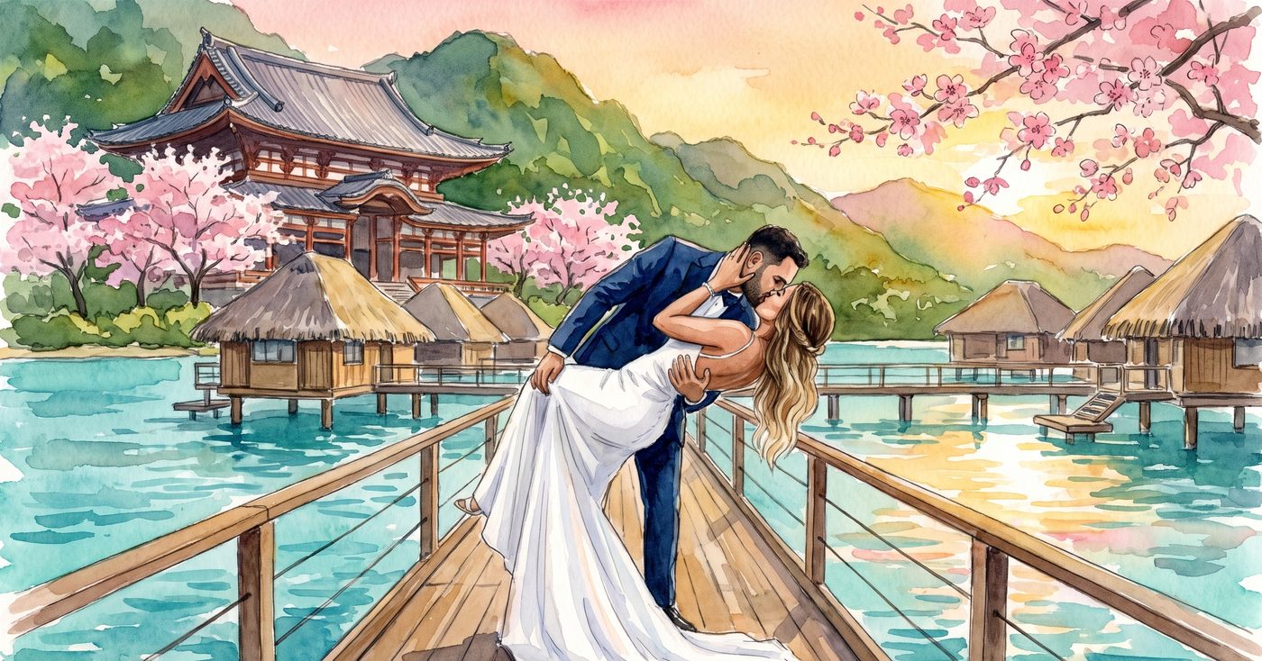 Acquerello degli sposi che si baciano su un pontile tra i bungalow sull'acqua, con un tempio giapponese e i ciliegi in fiore