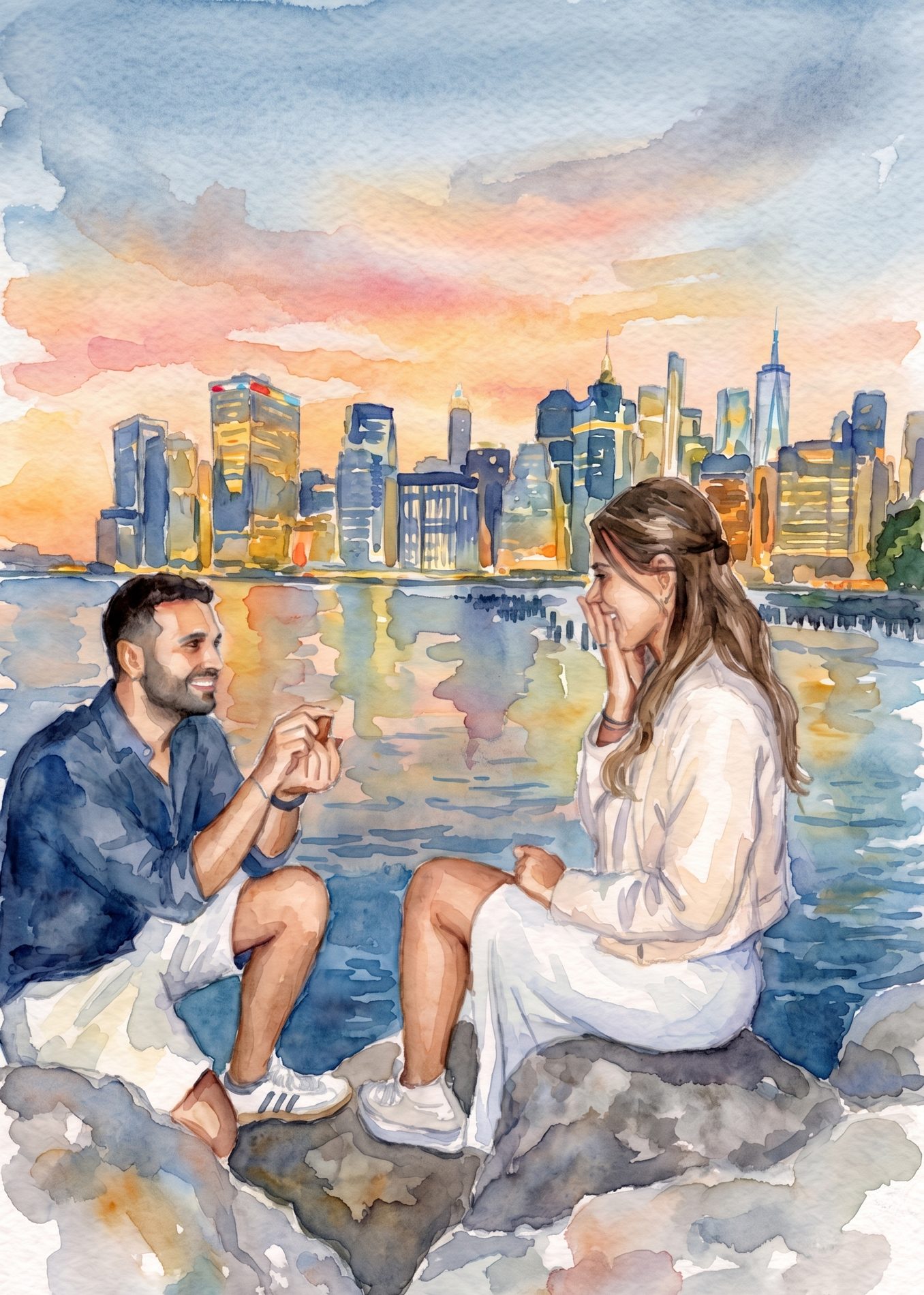 Acquerello della proposta: Andrea in ginocchio con l'anello davanti ad Annalisa, sullo skyline di New York al tramonto